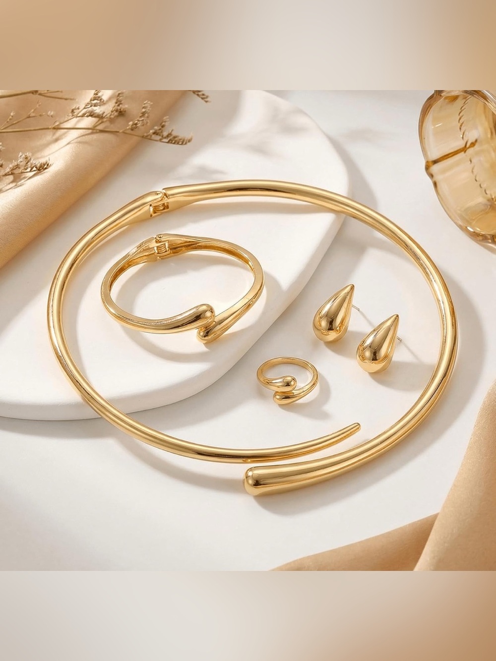 14K Gold Plated Sculptural Necklace, Bracelet, Ring and Earring Set - Picture 6 of 6